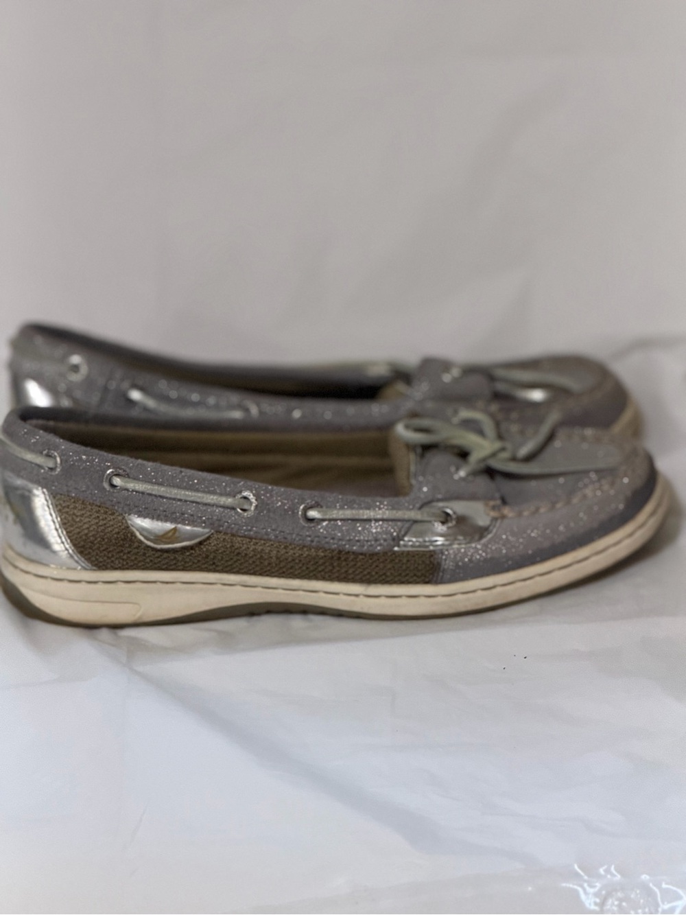 Sperry Glitter-Accent Boat Shoes in Silver and Taupe